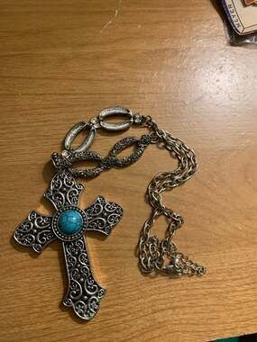 Vintage Silver Tone Ornate Filigree Cross Pendant with Faux Turquoise Stone
